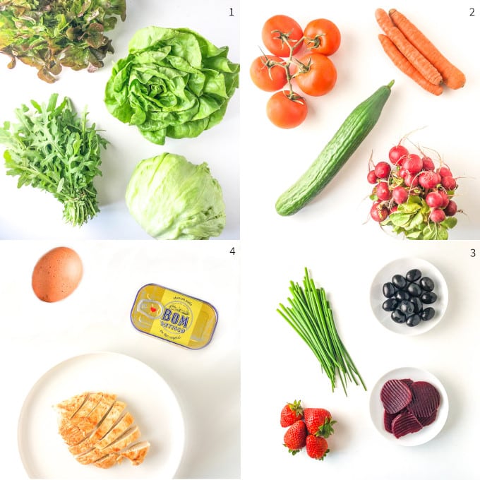 quatro fotos com ingredientes de salada low fodmap por categoria